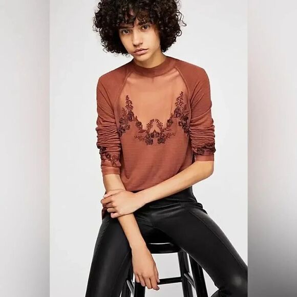 NWT women’s FREE PEOPLE Saheli Tunic in Woodlands Rust Brown Embroidered Top - Picture 1 of 11
